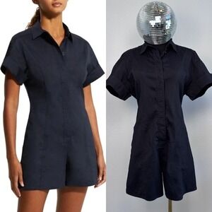 Theory Linen Blend Button Front Romper Size 6, Navy Blue Short Sleeve Hamptons